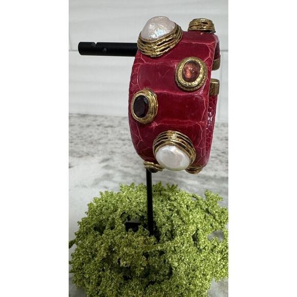 Vintage MCM Sterling Silver Snake Skin Pearl & Rhinestones Cuff Bracelet - Picture 1 of 10